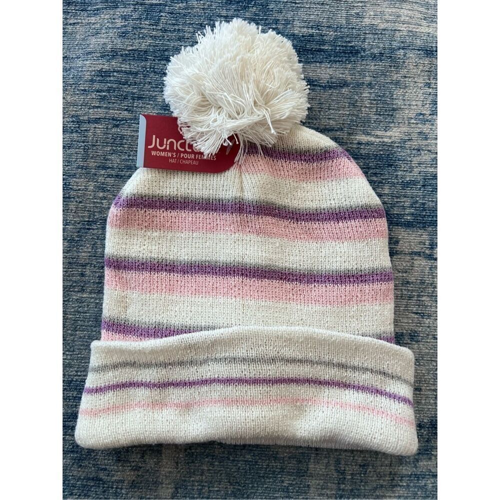 NWT! Juncture White Pink Purple Stripe Beanie Hat w Pom Womens OS